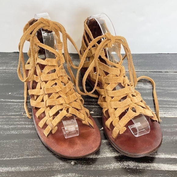 Free People Great Lengths Lace-up Light Tan Sandals Back Zip Leather - Picture 2 of 9